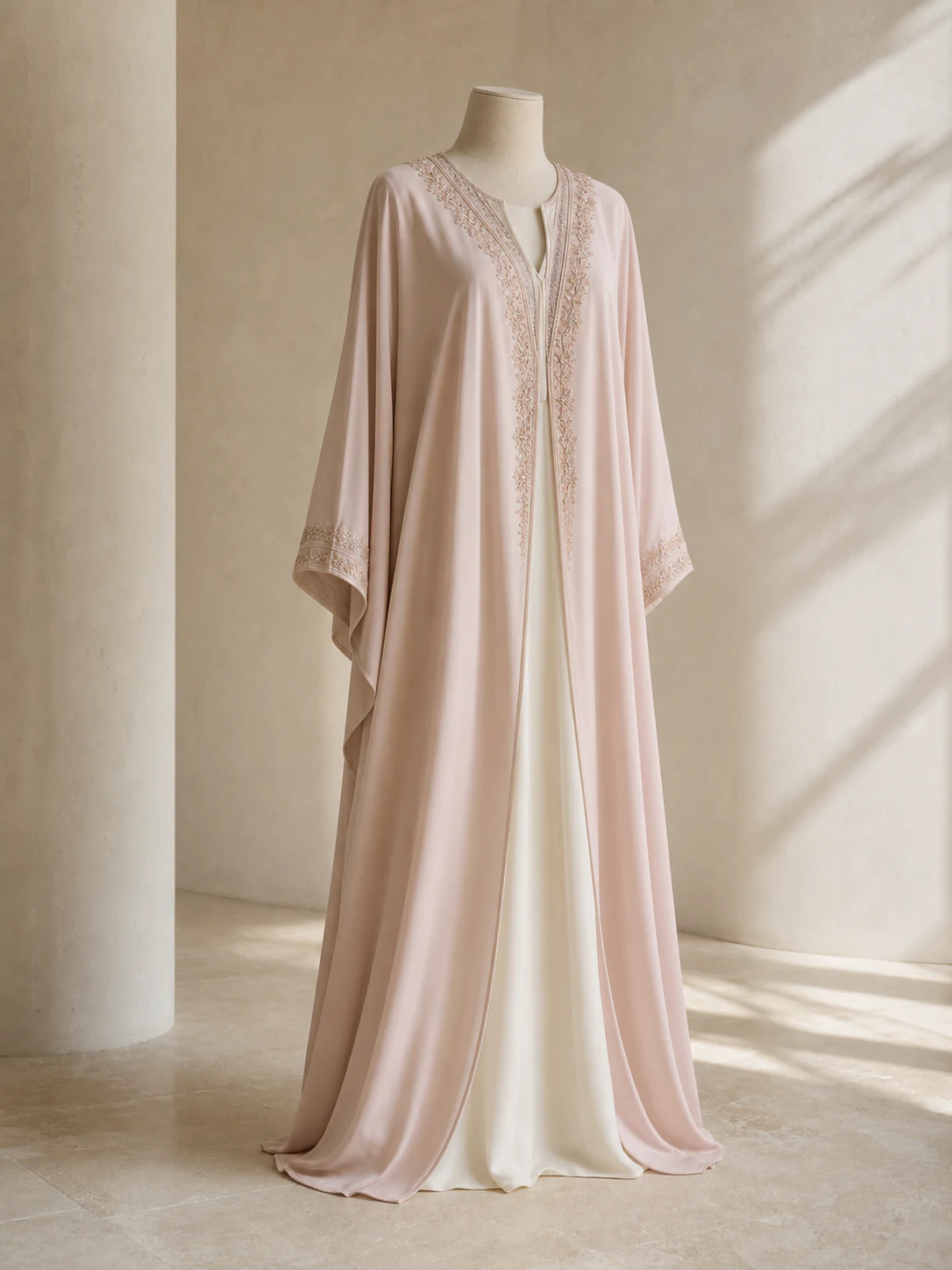Blush silk kaftan with ivory underlayer
